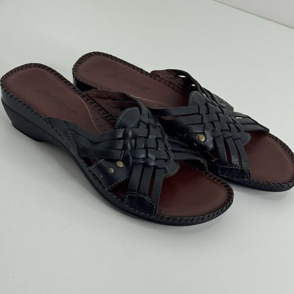 Auditions Black Leather Woven Strappy Cushioned Comfort Slip On Sandals Sz 9S - Picture 3 of 8
